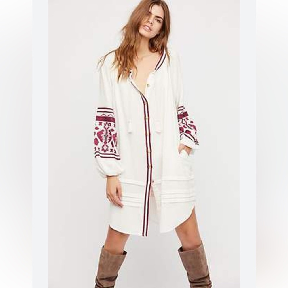 Free People White and Red Embroidered Midi Dress